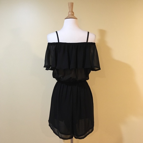 Off Shoulder Chiffon Ruffle Overlay Cami Romper - Picture 3 of 4